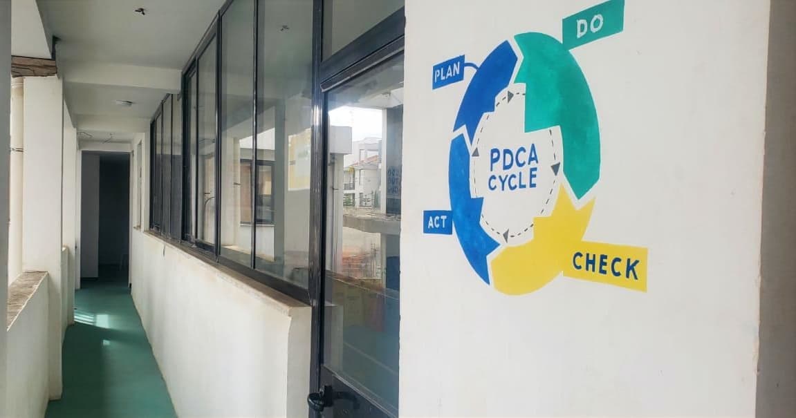 Campus corridor with the Plan-Do-Check-Act (PDCA) cycle mural